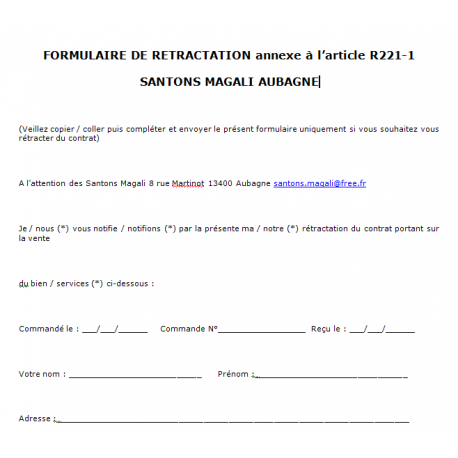 FORMULAIRE DE RETRACTATION